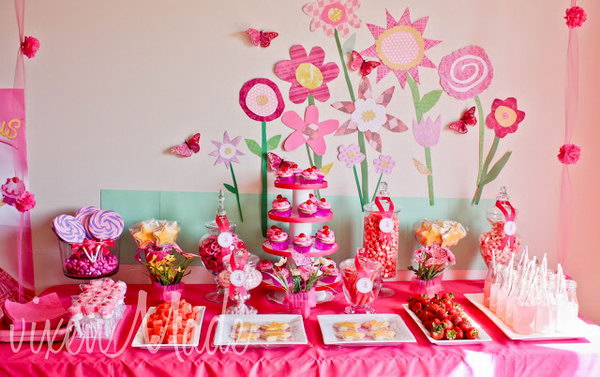 Pinkalicious Party. I really appreciate the sweet floral design backdrop. The dessert table consists of lollipops, star wand sugar cookies, pink candy coated pretzels, various fruit. It’s such a blast to plan and share with your adorable princess. 