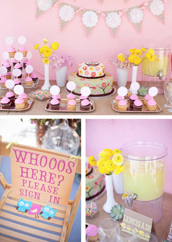 Owl Woodland Themed Princess Party. The woodland themed princess party features the stunning cake based off a sketch of an owl with a pink bow placed on top of the owl’s head. The sweet floral banners create an adorable backdrop for this theme party. 