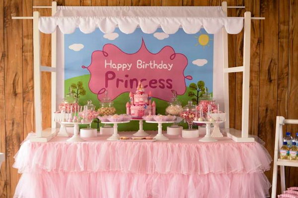 Peppa Pig Princess Party. Everything matches and compliments each other so well from the fabulous pink castle cake to the peppa pig character tissue ball decorations. So many fabulous decorations, favors, desserts and candies make the princess delightful. 