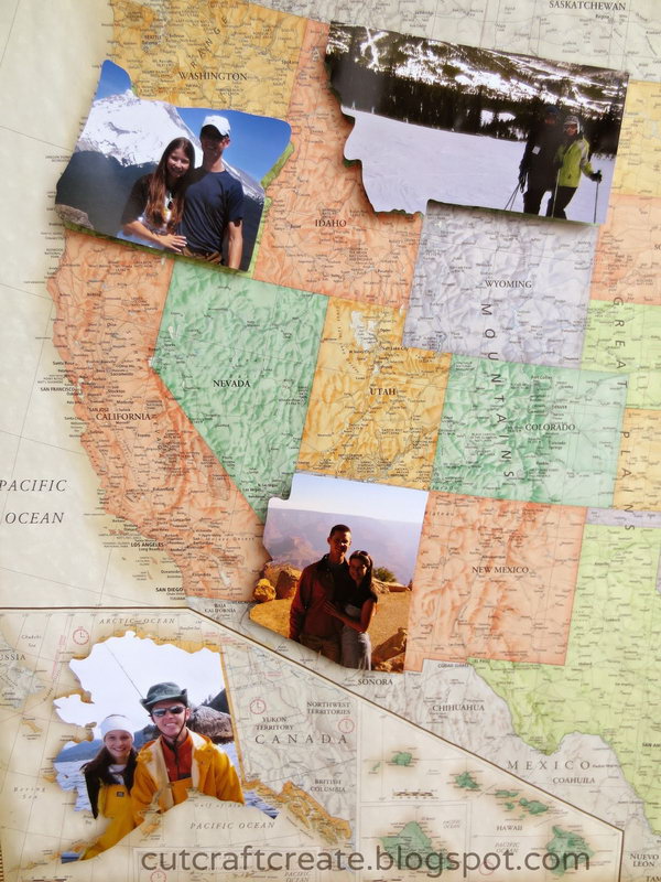 Photo Map Scrapbook. Cut the pictures you take in the state you visited in the particular state shape to make a perfectly personalized map that shares the story of your lives in different states. 