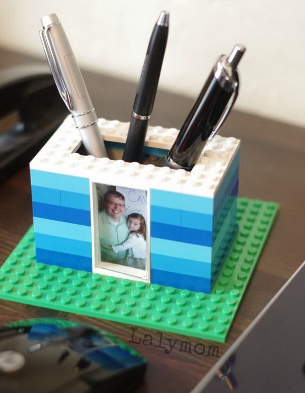 LEGO Photo Pen Holder. If you want to do something interesting for Dad with your LEGO on this Father's day. This kid made LEGO photo pen holder will absolutely inspire you. Learn the tutorial here.