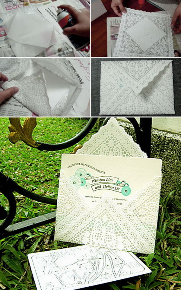 Lace Paper Doily Envelopes Doily Envelopes. Use doilies,tracing paper and an art card to make your wedding invitation envelope prettier and less bulky. Here is a step by step direction for your inspiration.