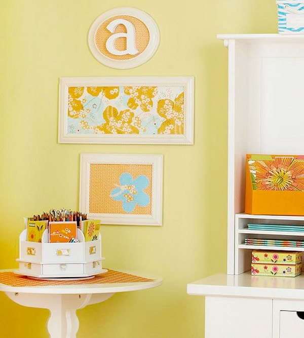 Cute Picture Frame in Home Decor. Dollar store frames with scrapbook or other pretty papers. It's ideal as a cute decor in your little ones.