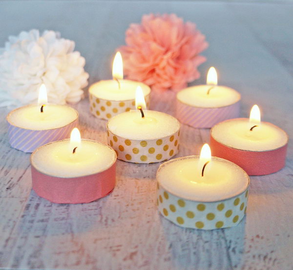 DIY Washi tape Tea Light Votives. These pretty and adorable wash tape votives is a great project as a decor for a wedding , party or just as something to decorate your room. You can create them in different colors and styles.