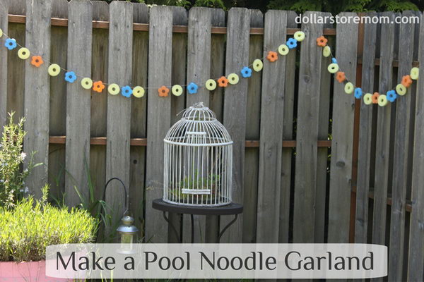 Waterproof Garland Made with Pool Noodle. This pool noodles garland is really an awesome and EASY project. It is a perfect decor to your yard because it’s weather proof, plus it adds such a bright and playful element.