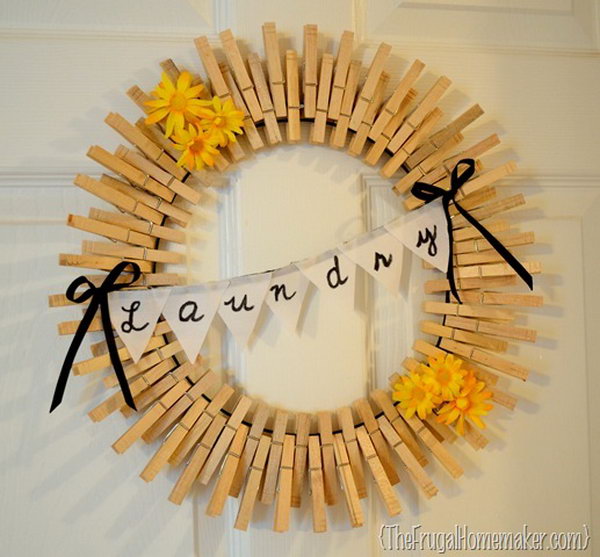 DIY Clothespin wreath. This is a creative idea to upcycle the wood clothespin from the dollar store. It is natural and looks so great on the door.