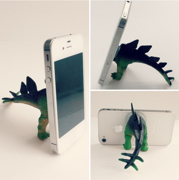 Adorable Dinosaur iPhone Stand. If you have a plastic dinosaur and a few minutes to spare, you can create this inexpensive, unique and fun dinosaur iPhone stand. Check the step by step tutorial here.