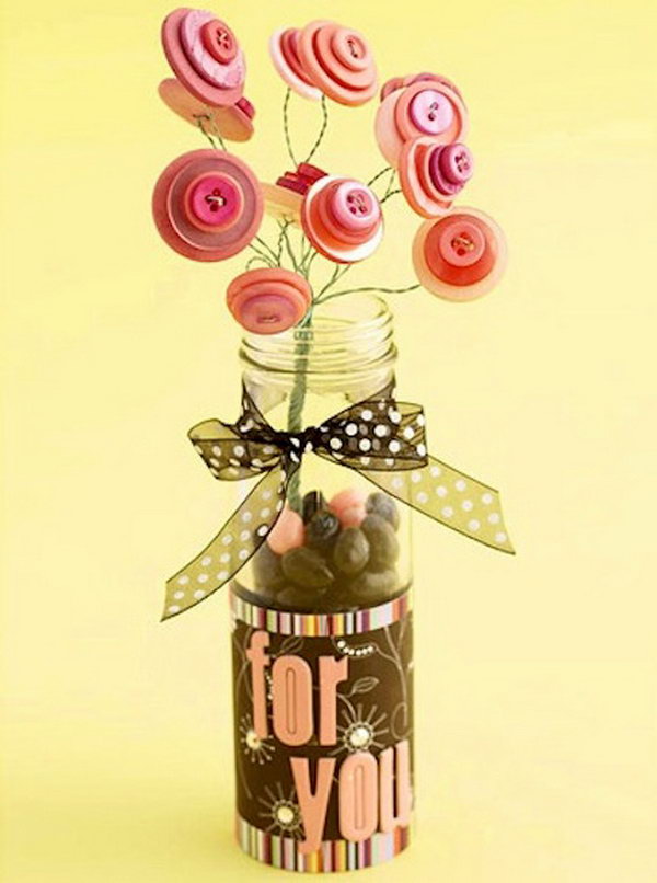 DIY Button Bouquet. Have you imagined that the colorful and cheap buttons from the dollar store can be turned into this adorable and decorative item as your table centerpiece.