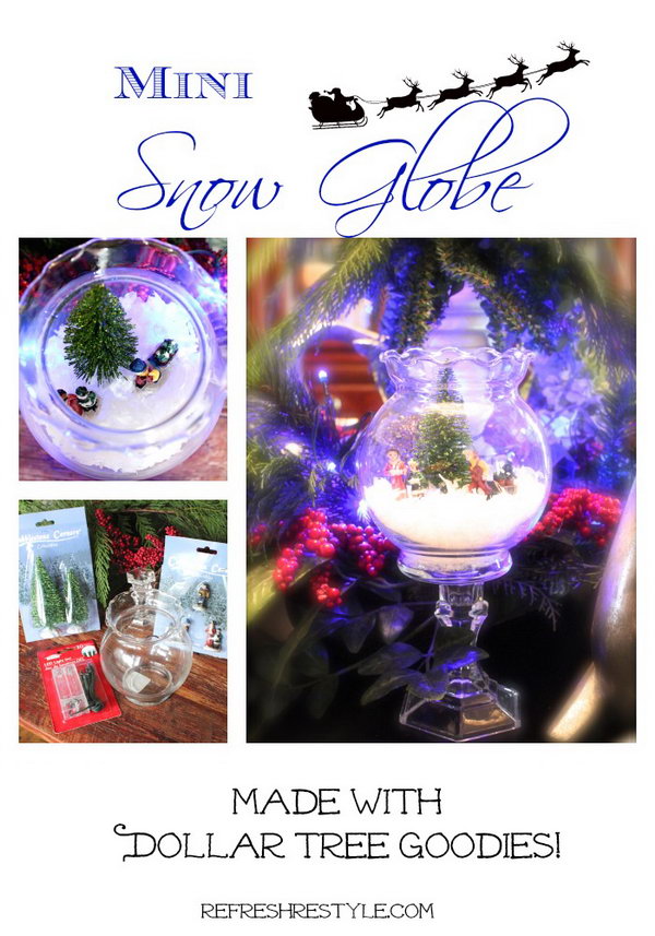 DIY Mini Snow Globe. This is a quick, easy and affordable project yet creates a little winter wonderland on your dinning room table. All you need is a glass candle holder, a mini glass globe, some fake mini decorative trees and mini people. You can buy these materials from your local dollar store. Take salt, sand or anything else white as the fake snow. Here is a step by step tutorial for you.