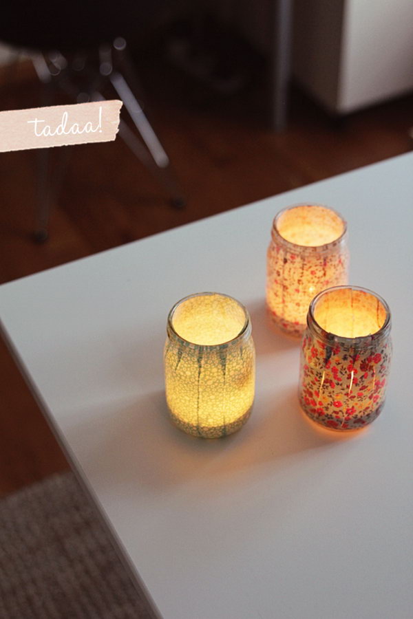 Sweet DIY Votives. Glue patterned stripes inside the mason jar to cover it completely. Place only battery operated tea lights instead of candles to create a dreamy and romantic outlook for your dorm room.