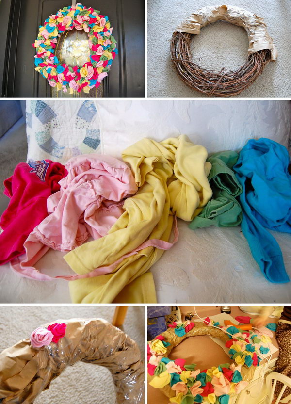 Colorful T shirt Scarp Wreath. This wreath is made with scrap fabric from the old T shirt and is fun and beautiful to do in pink, white, red, green or other seasonal colors. It will look great on the wall or door  of a child's or even as a hospital door wreath for the arrival of a new baby.