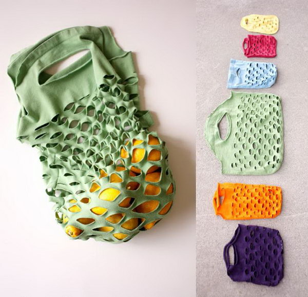 Easy Knit Produce Bag from Old T shirt. It is really easy and require very little sewing to make this reusable produce bag out of an old knit T shirt. You can also make more bags in various shapes ,colors and sizes.