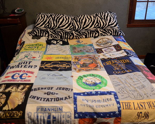 DIY T shirt Quilt.Take pieces  with various patterns from your favorite T shirts and then sew them into this amazing quilt. It's so cool to sleep on this quilt with full of the precious memories.