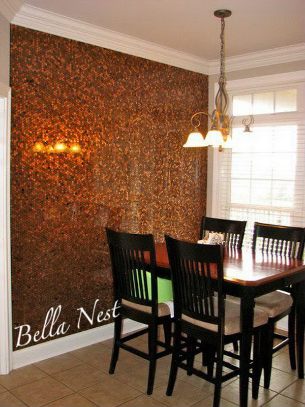 DIY Penny Wall. Tiling a wall with pennies can be a tedious and time consuming task, but the effort is worth it if you want your plain white wall with a one of a kind look. If you have a lot of patience, You can have a try with more directions