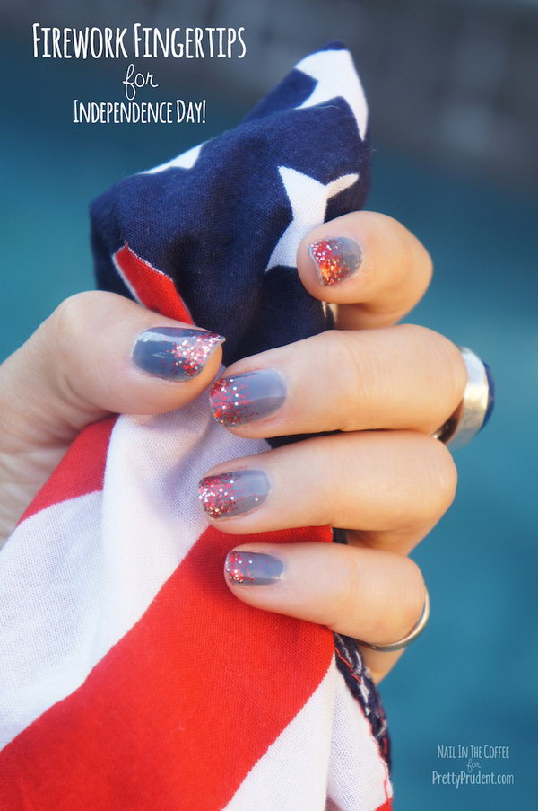 4th of July Abstract Fireworks Mani: With the red glittery sequins sparkling on the top of gray blue base, it's the time to break out the white, red and blue tones and have a unique patriotic look. 