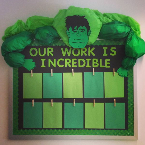 Superhero Themed Classroom Bulletin Board. Show off your students’ best works with this mean, green and downright incredible board in the classroom. 