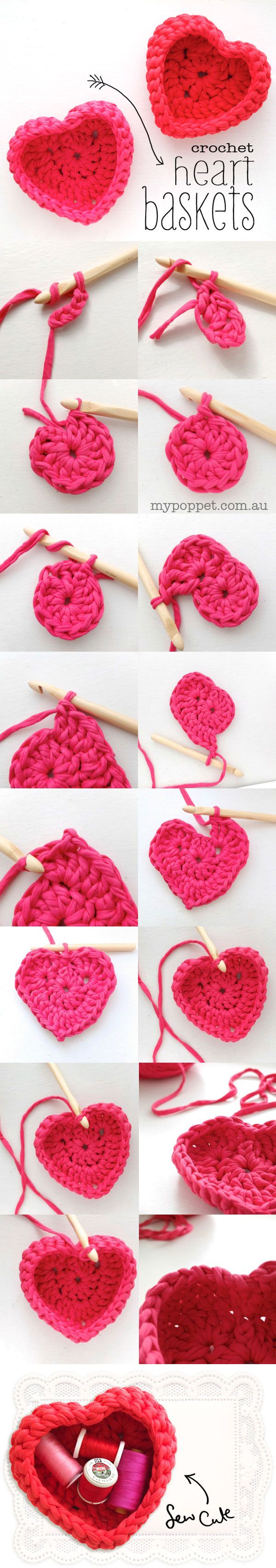 Crochet Heart Shaped Storage Baskets. 