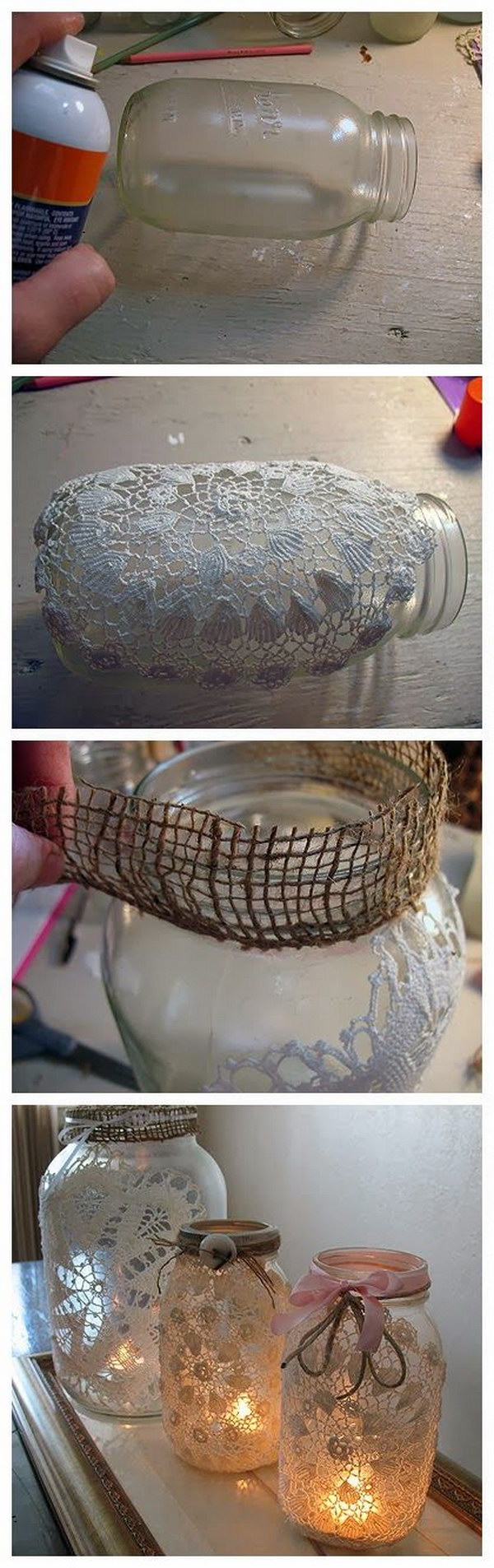 Burlap & Doily Luminaries: Rustic Meets Romance.