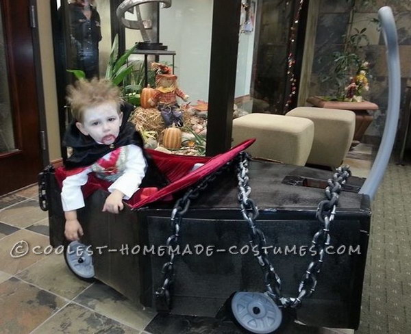 Coolest Vampire Costume with Coffin Wagon. 