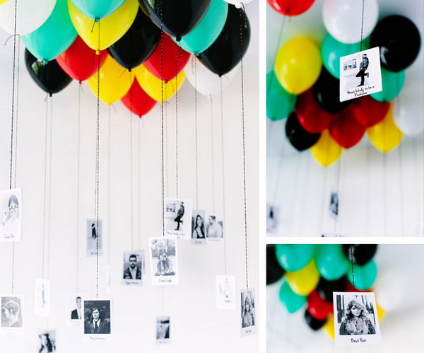 DIY Balloon + Photo Memory Gallery. Tie your favorite photos to ballloons. It will give a big smile on his face. 