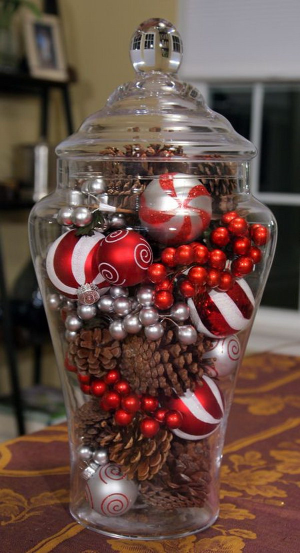 Pine Cones and Ornaments Glass Jar Holiday Centerpiece.