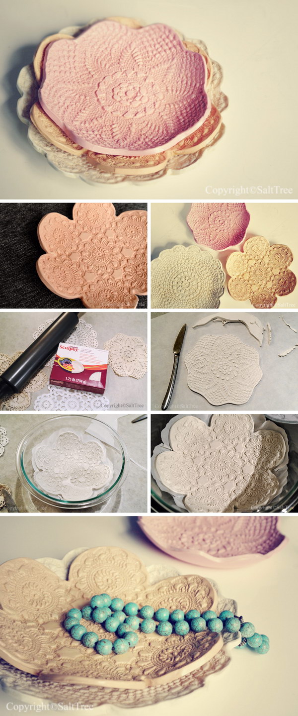 DIY Doily Pressed Clay Bowls. Get the tutorial 
