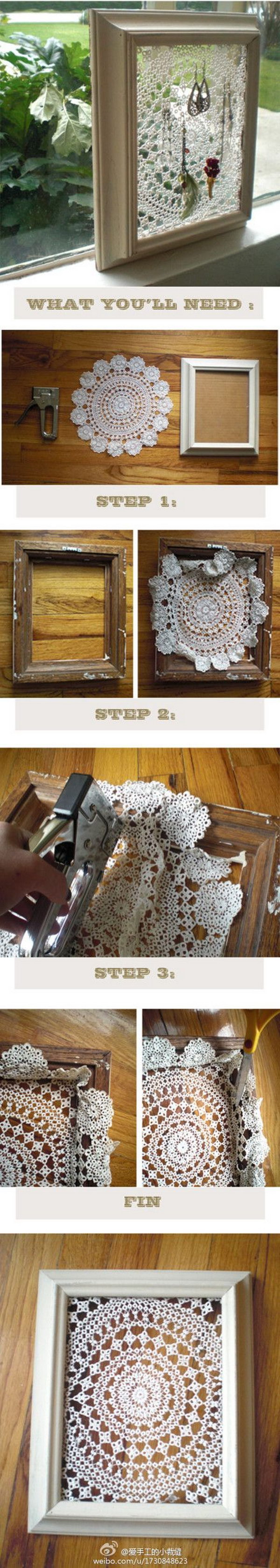 Jewelry Organizer Made out of a a Lace Doily and a Picture Frame 