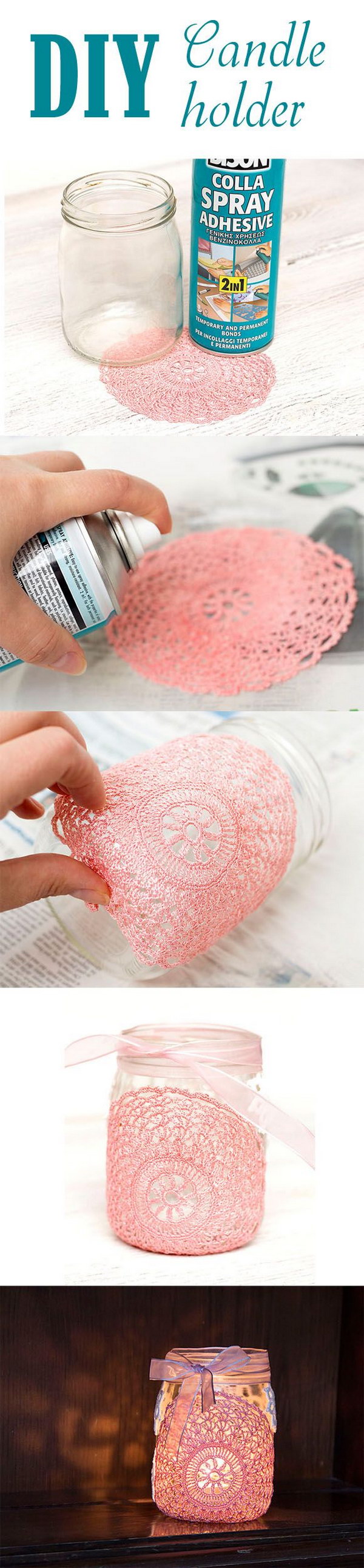 DIY Candle Holder from Glass Jar and Doilies 