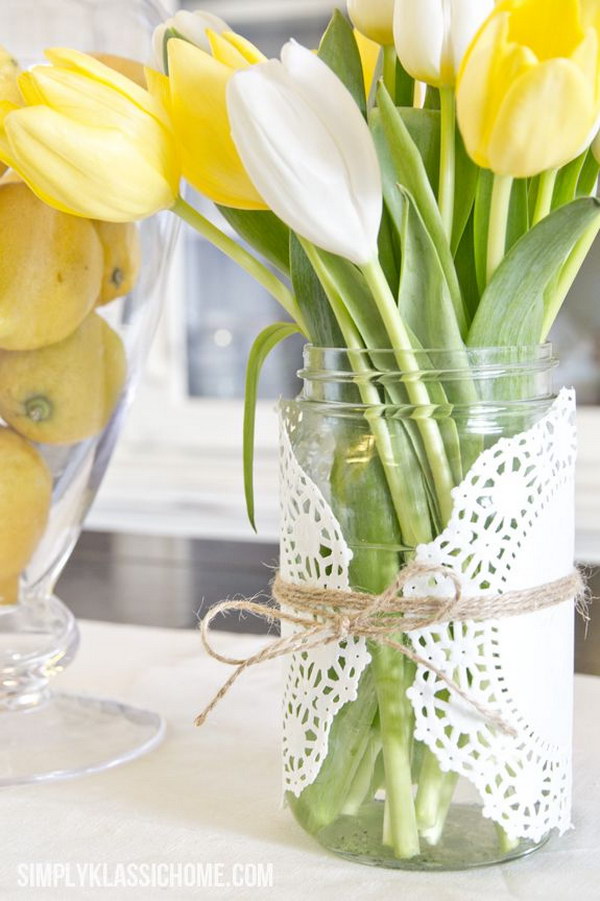 Easy Doily Wrapped Mason Jar Spring Vase 