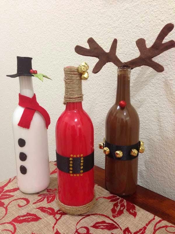 DIY Painted Wine Bottles for Christmas Decoration.