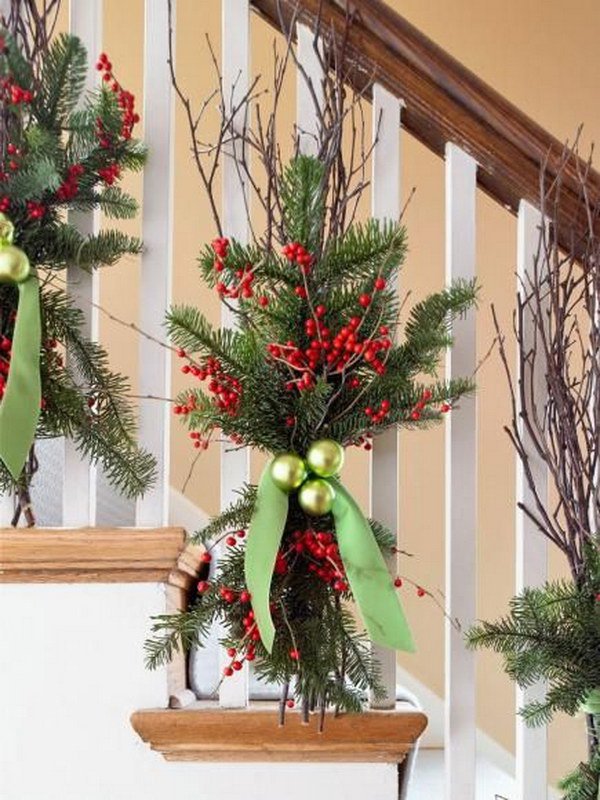 Natural Christmas Decor. Quick and easy winter decorations with evergreens, chartreuse ornaments, twigs of bright red winterberries, and a velvet ribbon.
