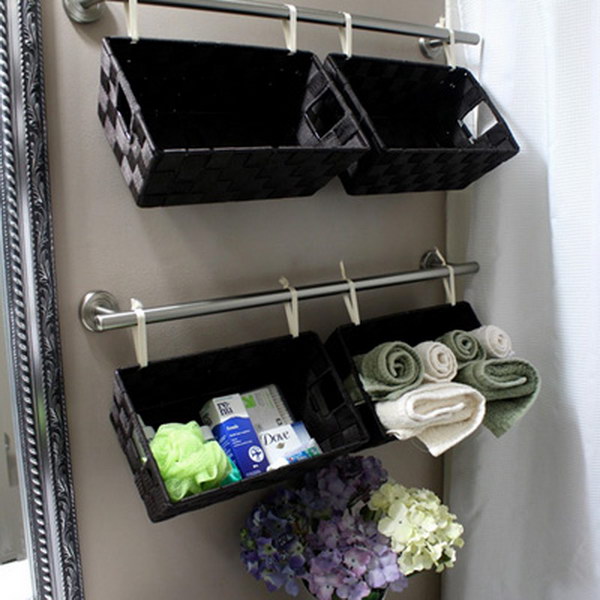 Baskets As Towel Holders. Super simple and cheap space saving idea!