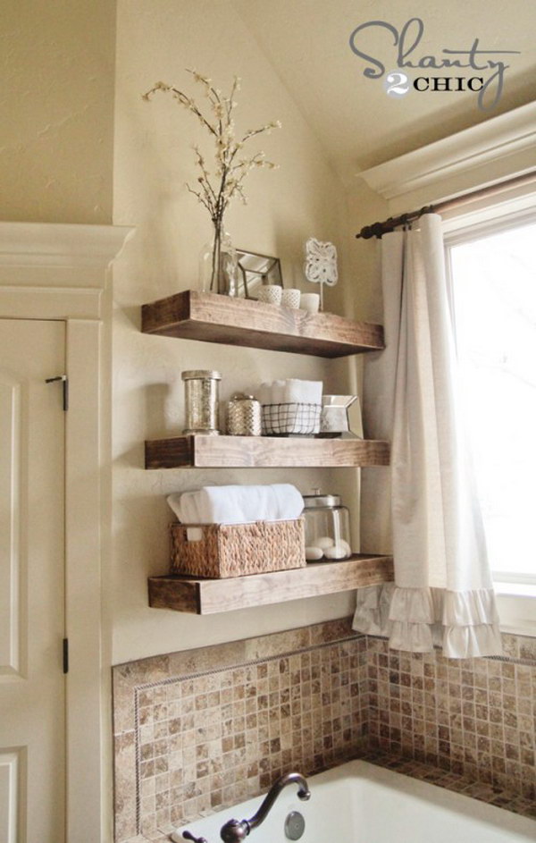 DIY Floating Shelves. These wooden shelves are perfect to store the bathroom items without taking any extra space in a small bathroom.