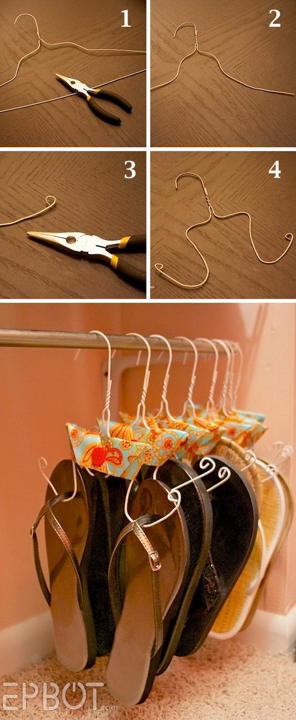 DIY Flip Flop Storage. An easy and budget friendly way to keep all of your flip flops organized and off the floor with a wire cutter and pair of pliers!