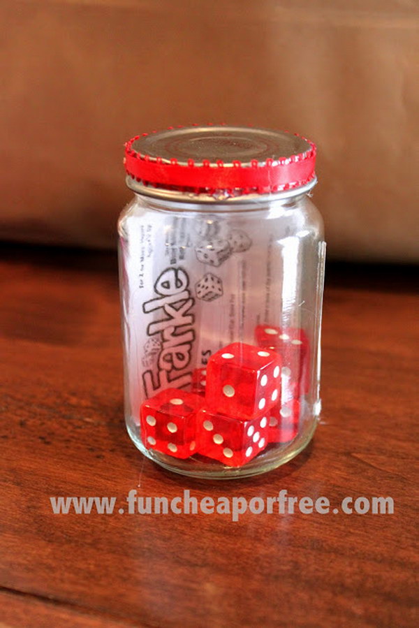 Travel Farkle Game with Instructions in a Jar. Farkle is a fun, simple, exciting game the whole family can play! You can make the little travel farkle game for your neighbors to use on every trip. So easy and cheap but a lot of fun!