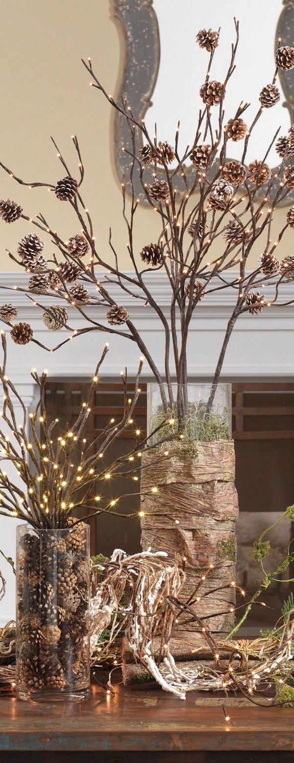 Christmas Decoration with Pinecones and Lighted Branches