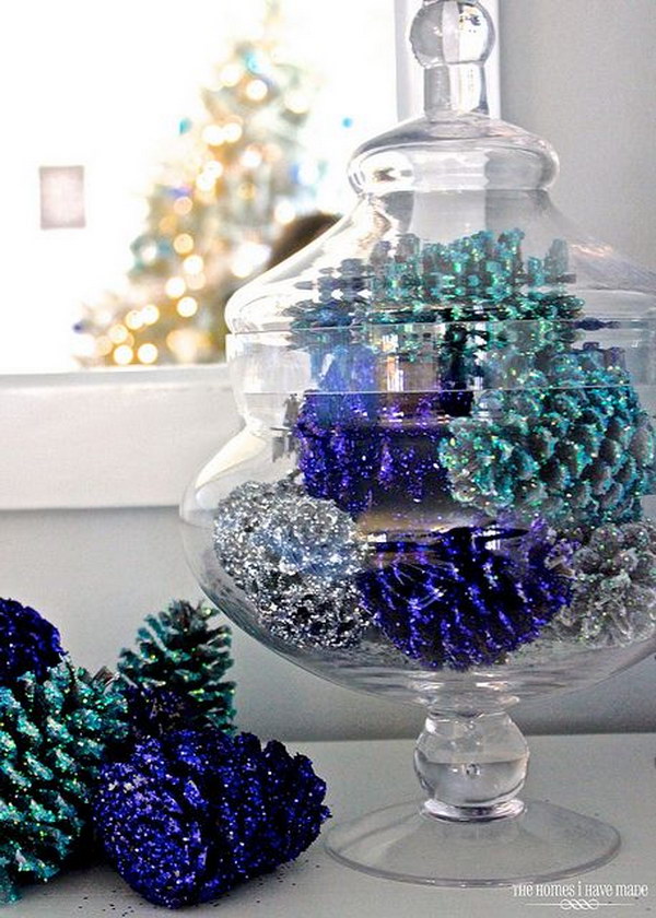 Blue Glittered Pinecones in a Glass Jar