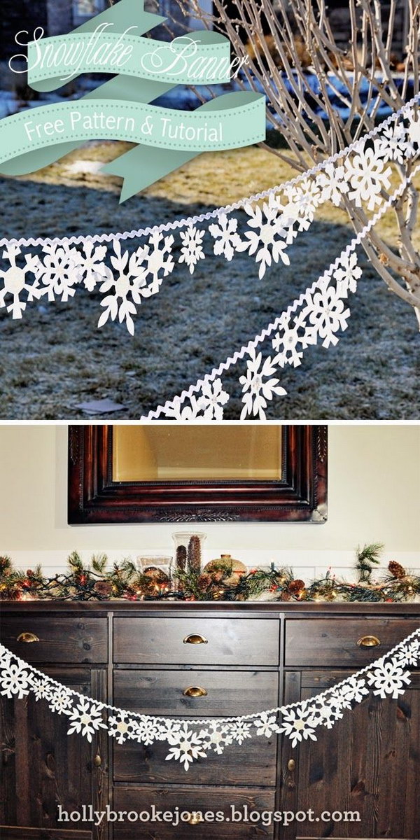 DIY Felt Snowflake Banner. Maybe it will take some time to cut out all these felt snowflakes. But it's worth it and turns out to be a great and inexpensive winter home decor.