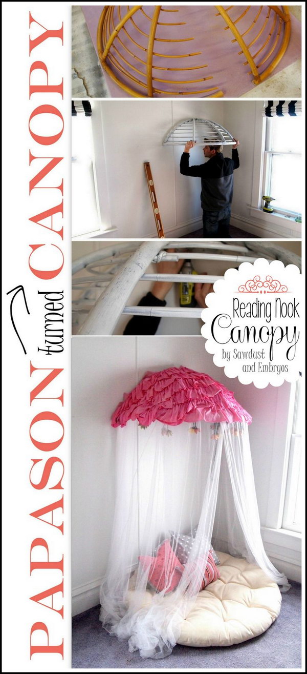 Turn an old Papasan chair frame into a Canopy Reading Nook or a Fun Canopy