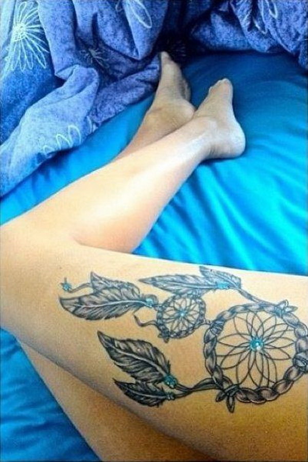 Medium Sized Womens Dream Catcher Tattoo On Thigh - tattoo design