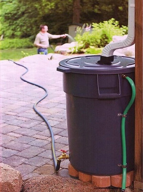 Make Your Own Rain Barrel to Water the Garden with out of a Heavy Duty Trash Can