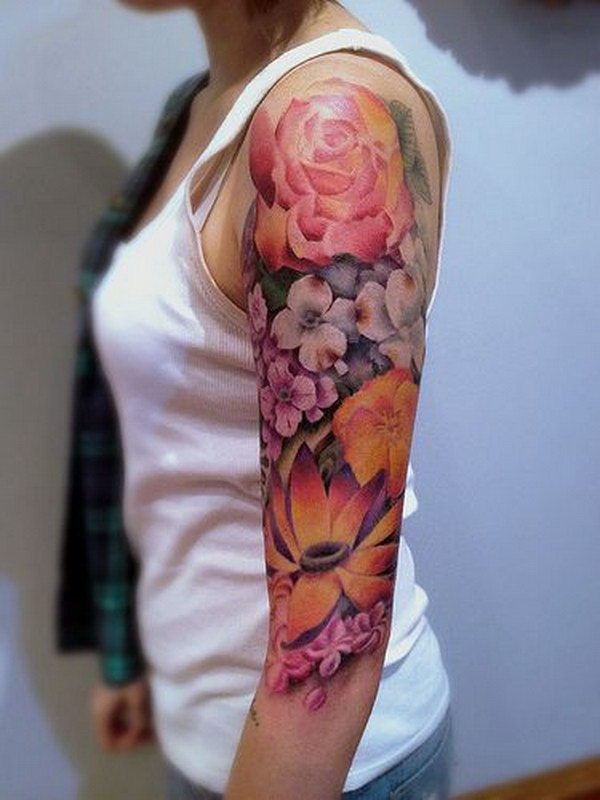 floral quarter sleeve tattoo