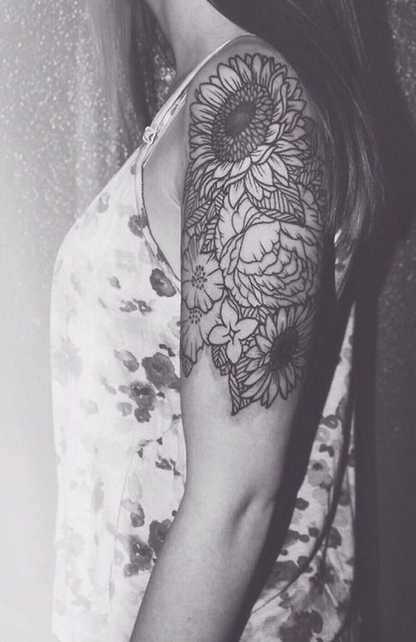 flower tattoo sleeve black and white