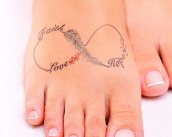Faith Love Hope Infinity Tattoo on Foot. 