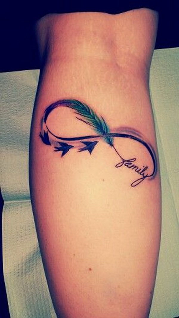 Infinity Feather Family Calf Tattoo. 