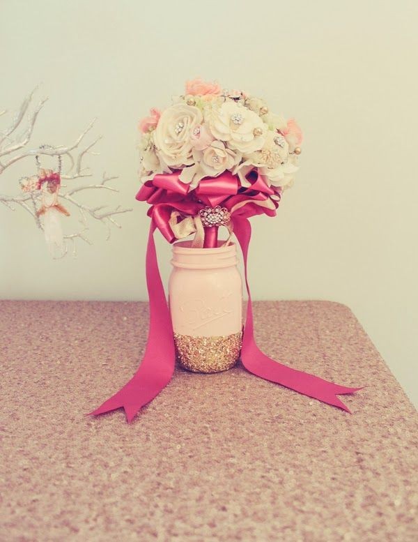 Pink Mason Jar Vases with Glitter Bottom and Brooch Bouquet