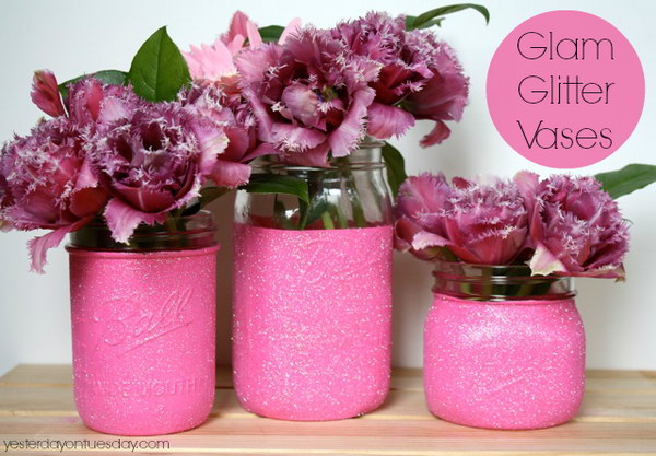 Pink Glitter Cover Mason Jar Vases