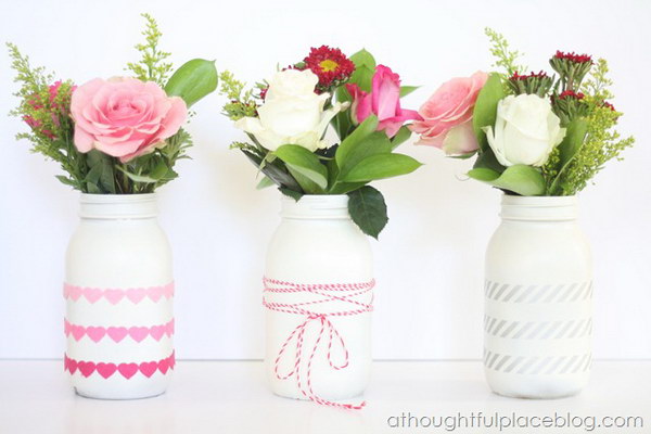 White Mason Jar Vases with Hearts Garlands, Twine and Silver Stripes Tapes Decor