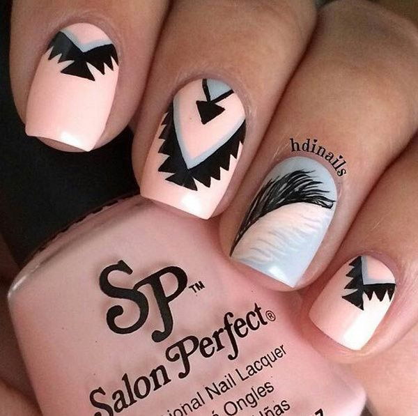 Pink Theme Manicure with Black and Grey Feather and Tribal Designs. 