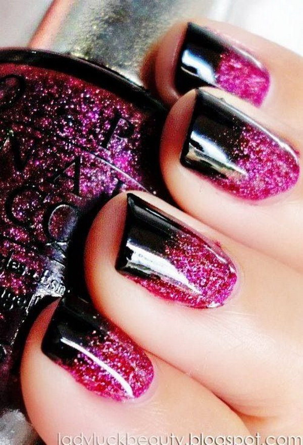 Hot Pink Glitter Black Nail Design.